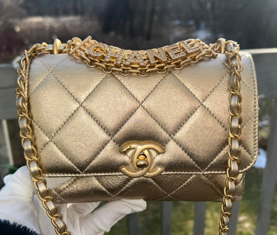 CHANEL CC Crystal Logo Metallic Mini Flap Bag Quilted Lambskin Gold