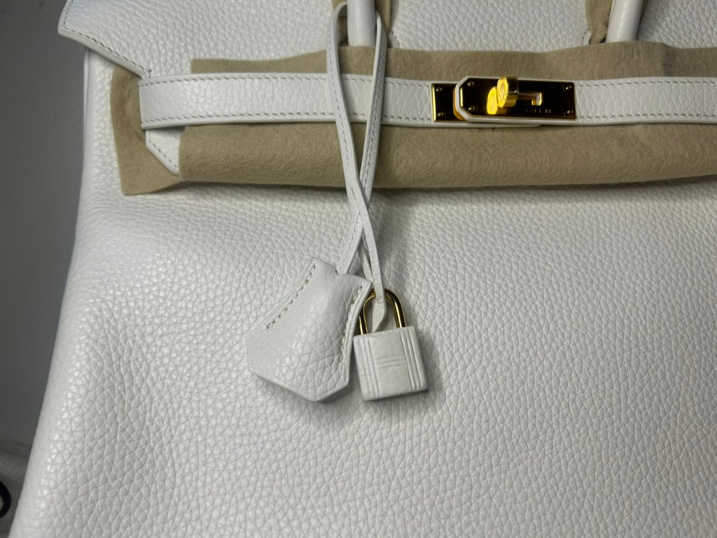 HERMÈS Birkin 35 Blanc White Clemence Leather Gold Hardware Handbag