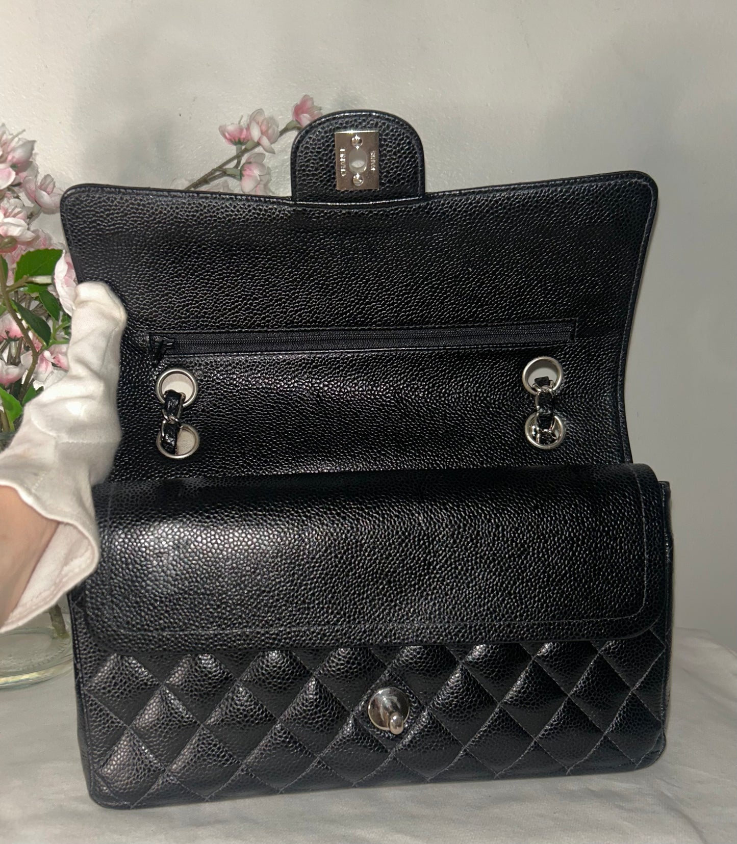 CHANEL Medium Classic Double Flap Caviar Quilted Handbag Black
