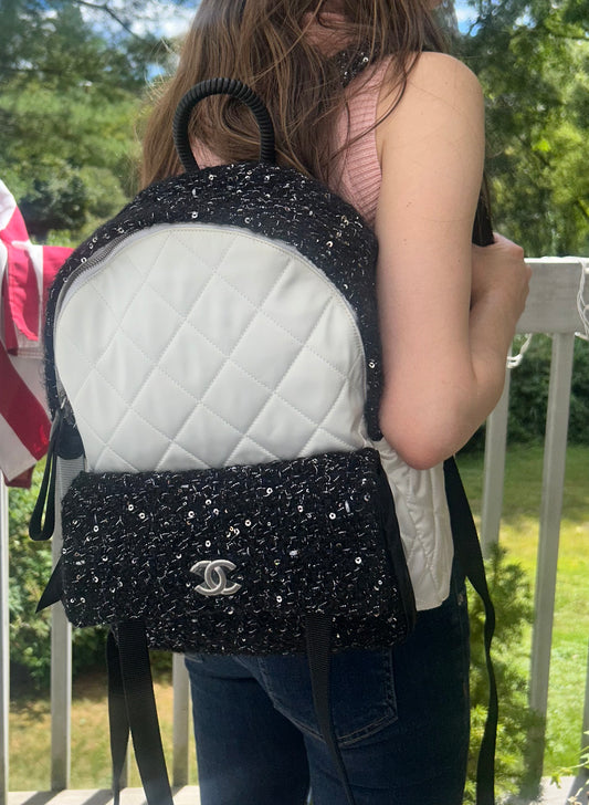 CHANEL Tweed Nylon Quilted Astronaut Essentials Medium Backpack in White/Black