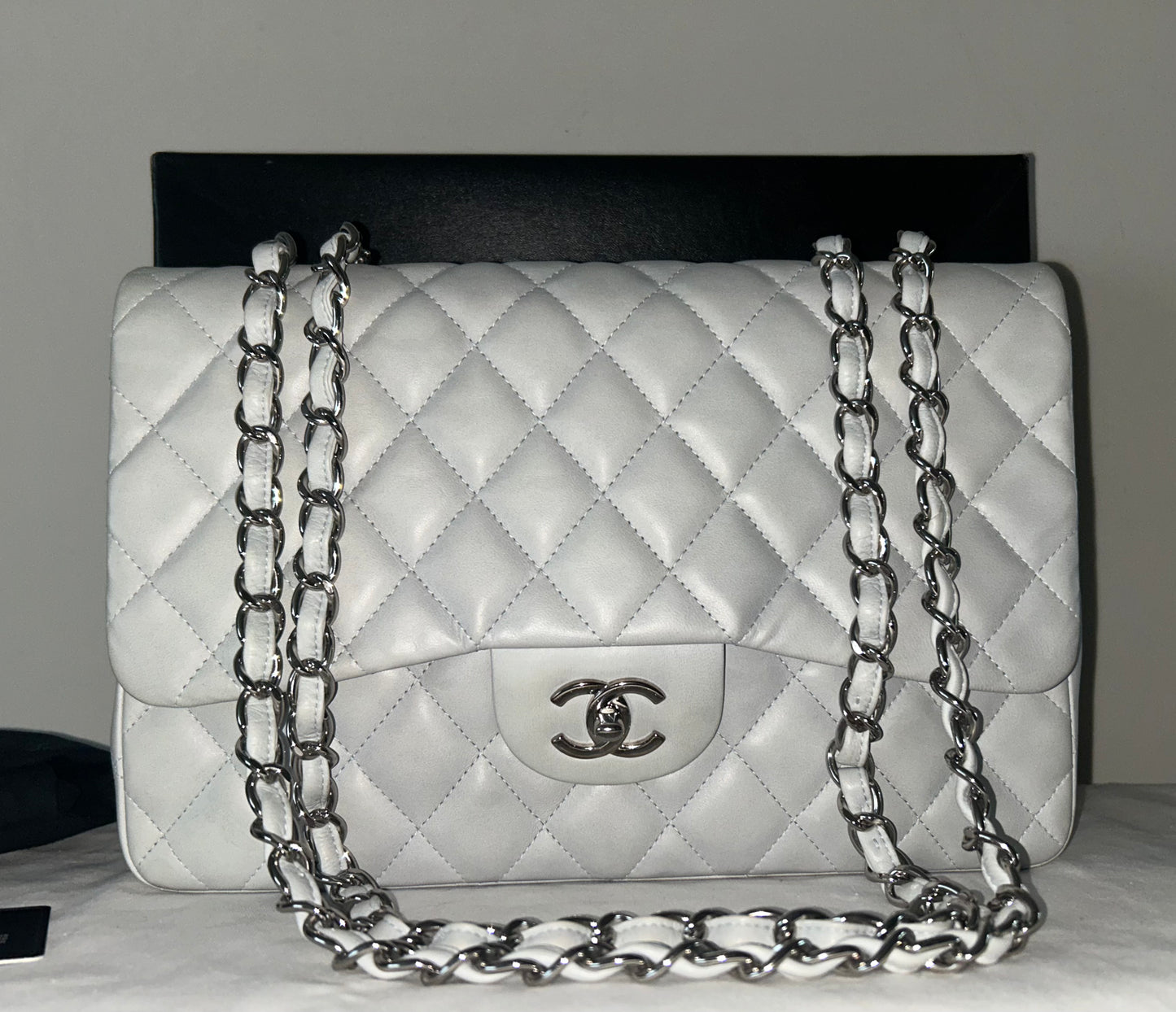 CHANEL Classic Jumbo Single Flap Quilted Lambskin Leather Bag Light Blue Gray