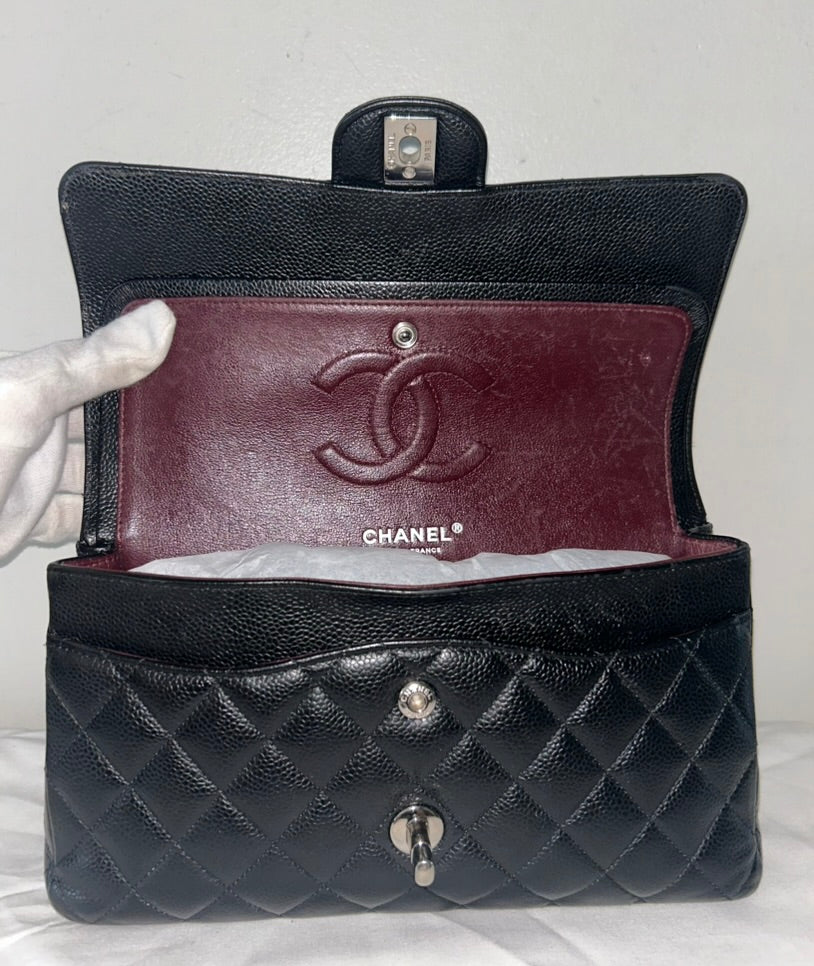 CHANEL Classic Medium Double Flap Quilted Caviar Leather Handbag Black