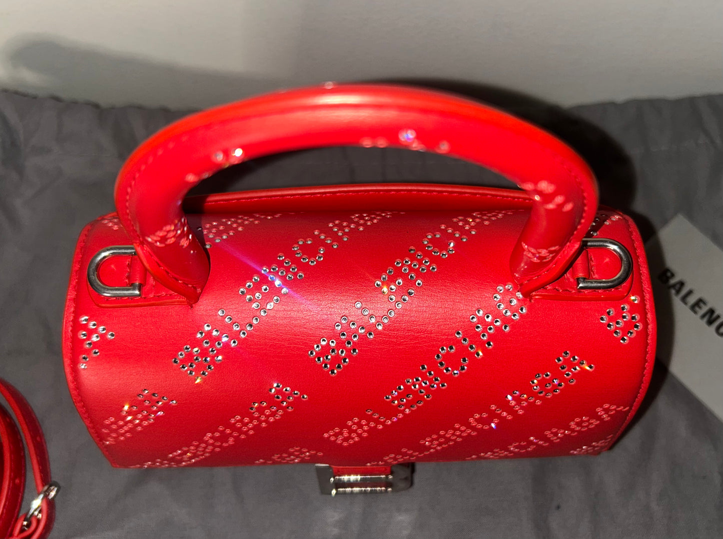 BALENCIAGA Hourglass XS Crystal Rhinestone Logo Leather Handbag Red