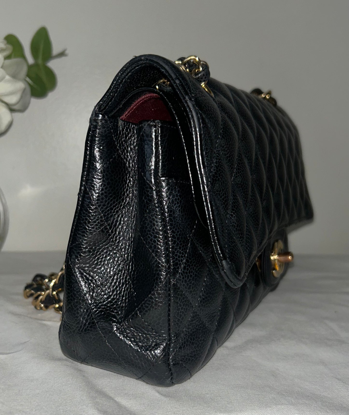 CHANEL Medium Classic Double Flap Caviar Quilted Handbag Black / Gold