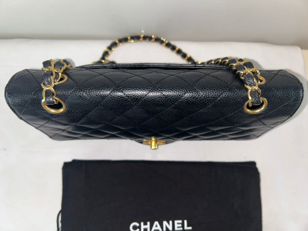 CHANEL Classic Medium Double Flap Quilted Caviar Leather Handbag Black/Gold