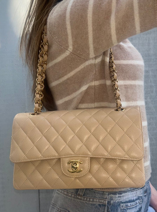 CHANEL 23S Classic Medium Double Flap Caviar Quilted Handbag Beige Clair/ Gold