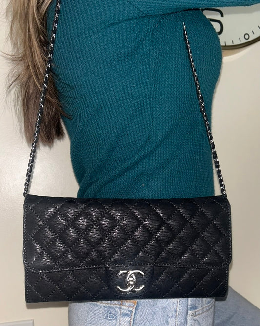 CHANEL Quilted Iridescent Suede Leather East West Shoulder Bag WOC Black