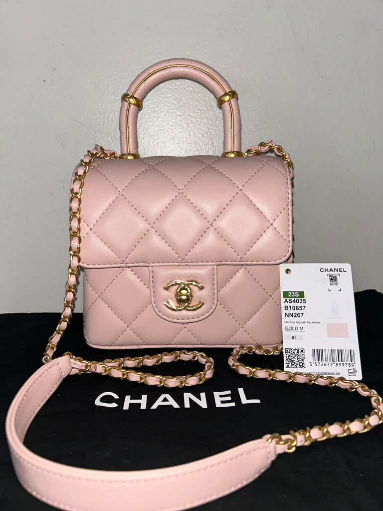 CHANEL 23S Mini Square Top Handle Flap Lambskin Leather Light Pink/Gold