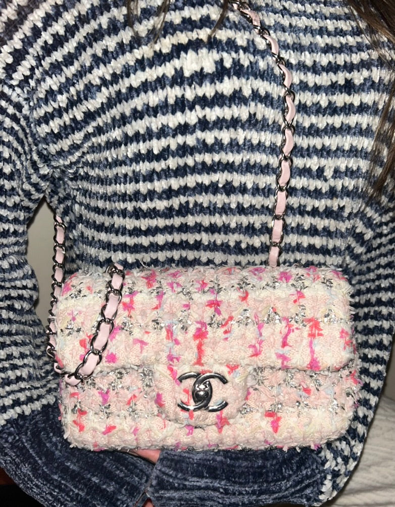 CHANEL Classic Tweed Quilted Mini Rectangular Flap Bag Light Pink