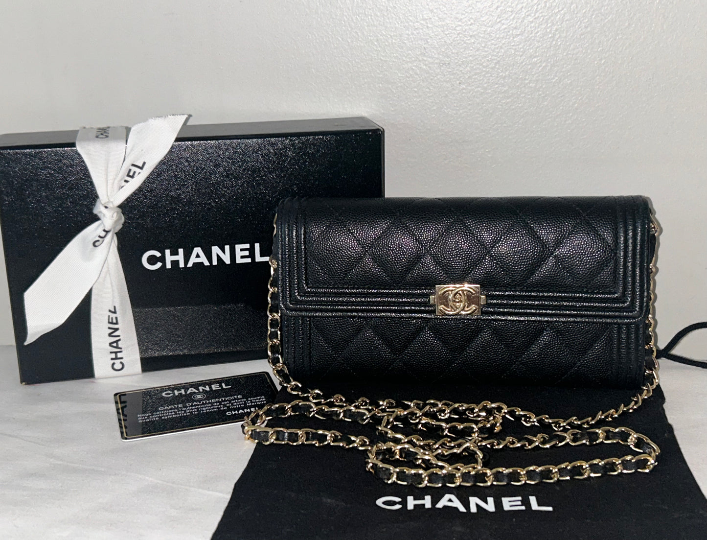 CHANEL CC Boy Wallet on Chain WOC Crossbody Quilted Caviar Leather Black/Gold