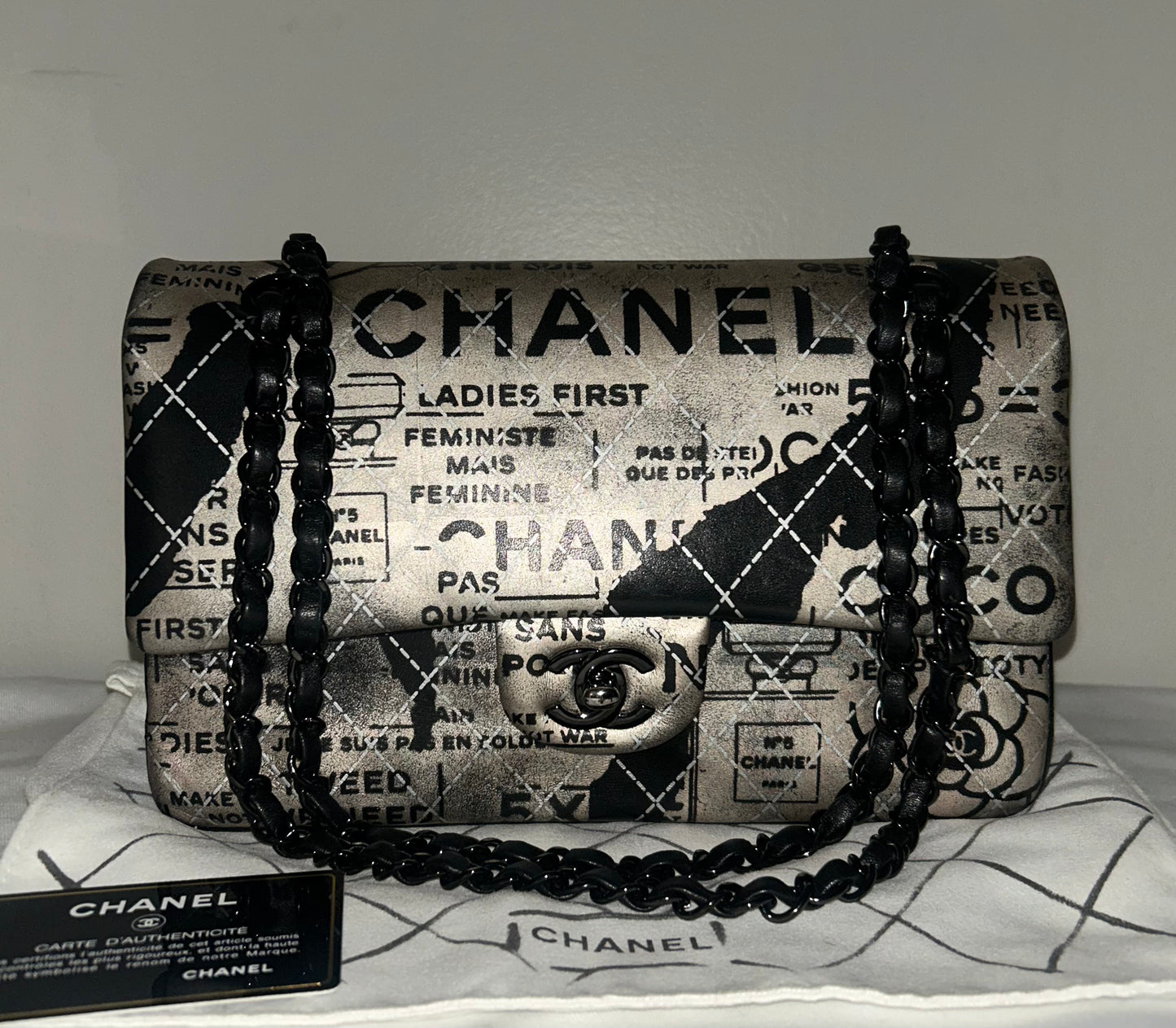 CHANEL Graffiti Newspaper Logo Medium Double Flap Lambskin Handbag Black/Silver