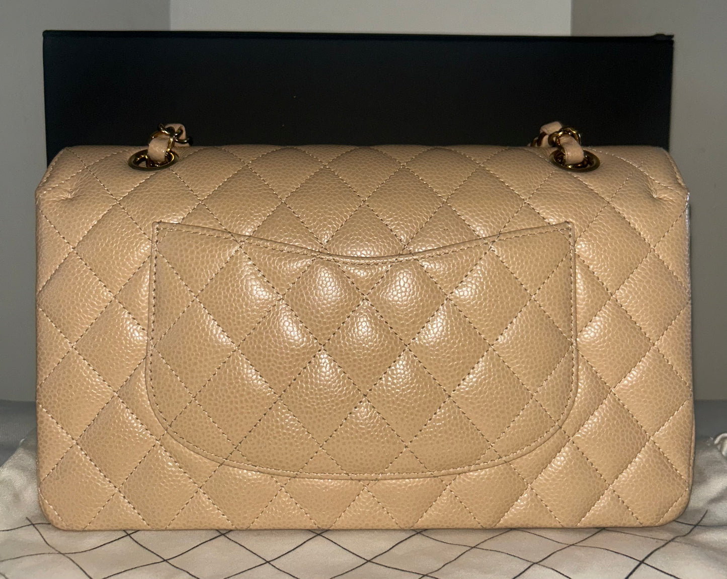 CHANEL 23S Classic Medium Double Flap Caviar Quilted Handbag Beige Clair/ Gold
