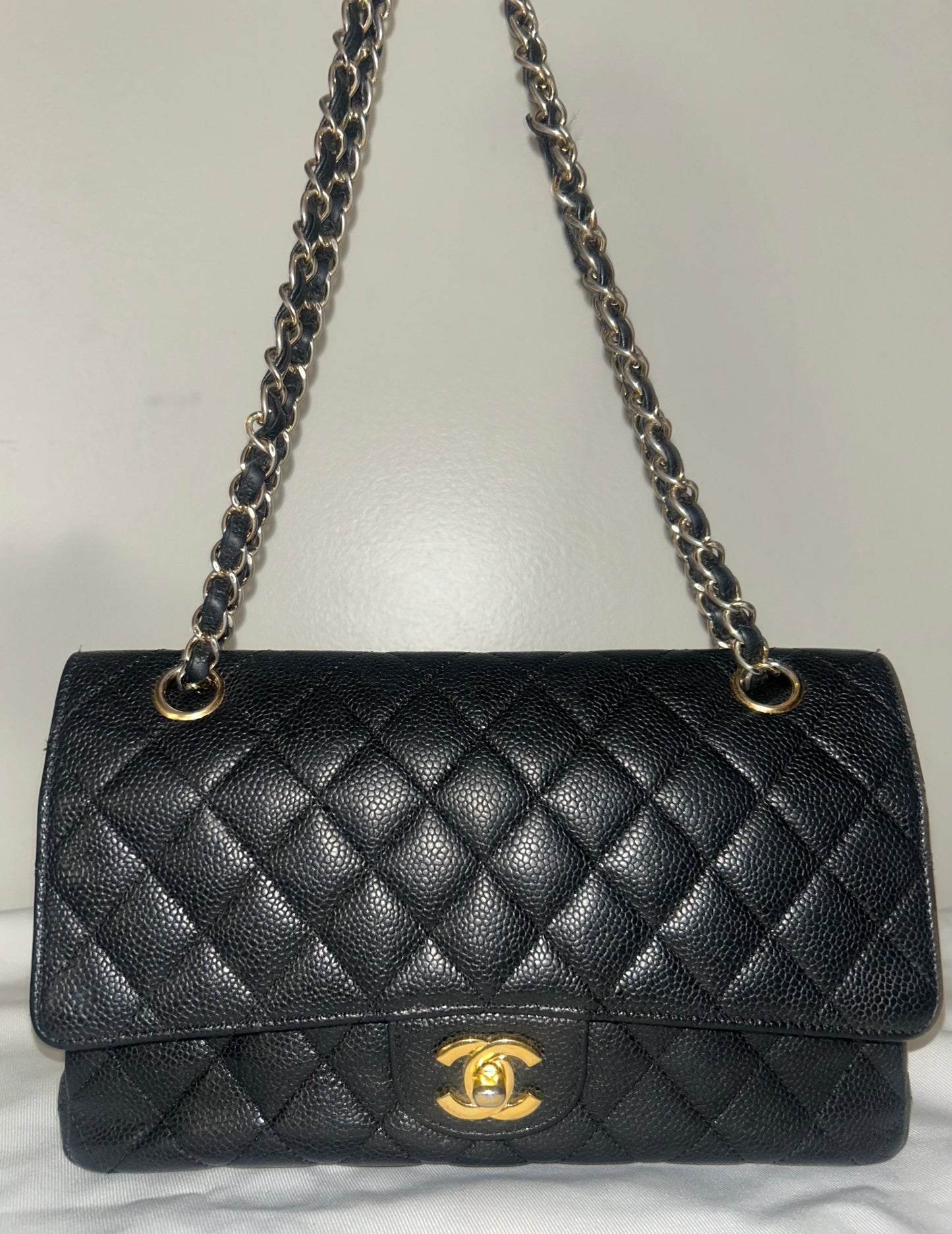 CHANEL Medium Classic Double Flap Caviar Quilted Handbag Black / Gold