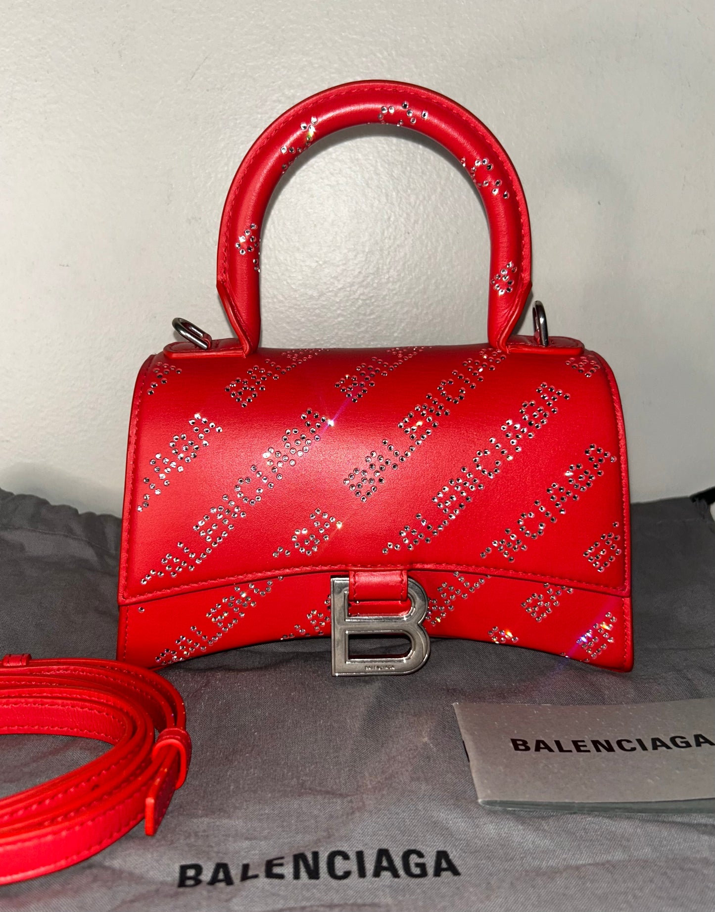 BALENCIAGA Hourglass XS Crystal Rhinestone Logo Leather Handbag Red