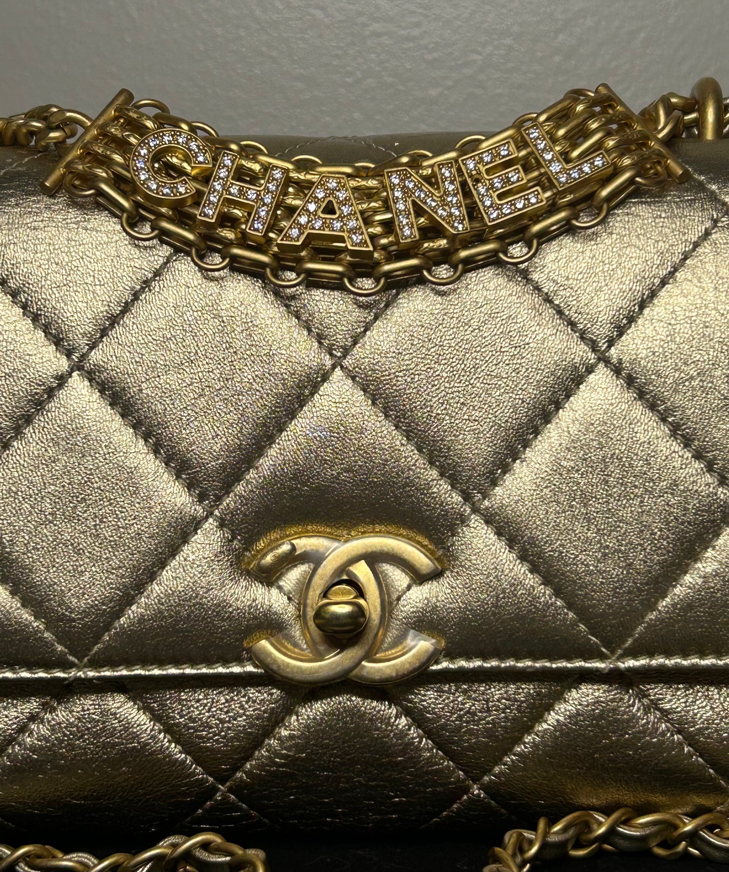 CHANEL CC Crystal Logo Metallic Mini Flap Bag Quilted Lambskin Gold