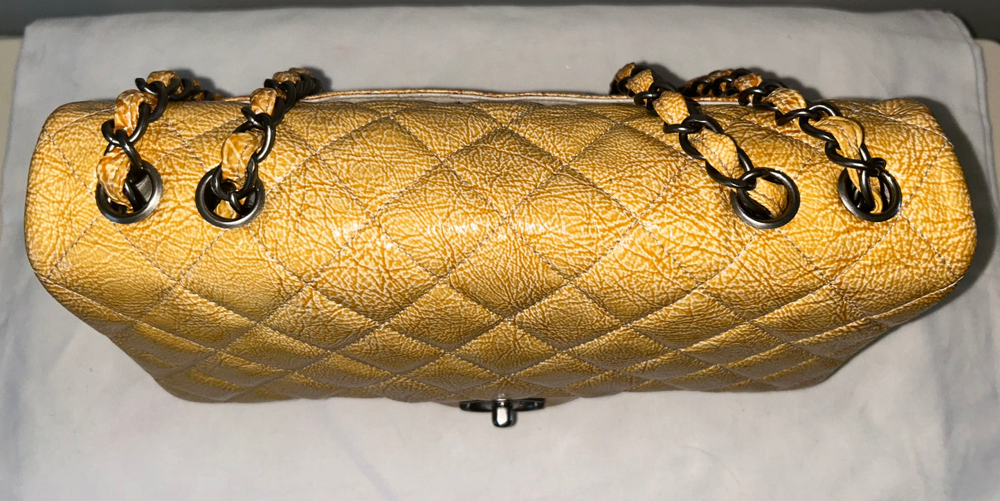 CHANEL Classic Jumbo Quilted Crinkled Patent Leather Handbag Golden Yellow