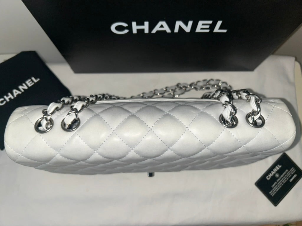 CHANEL Classic Jumbo Single Flap Quilted Lambskin Leather Bag Light Blue Gray