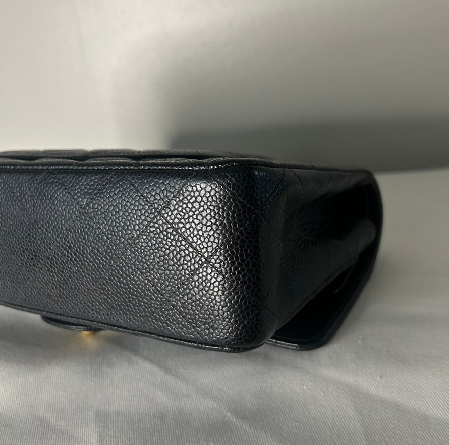 CHANEL Classic Medium Double Flap Quilted Caviar Leather Handbag Black/24K Gold