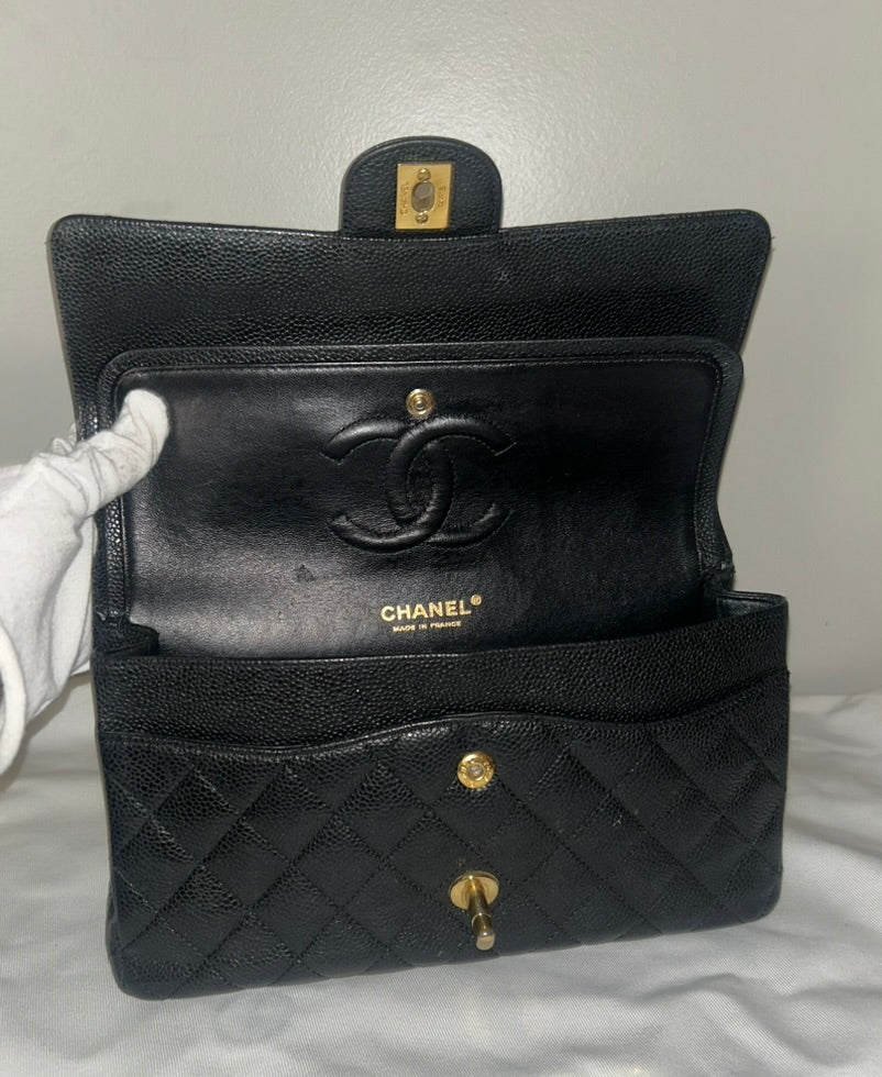 CHANEL Medium Classic Double Flap Caviar Quilted Handbag Black / Gold