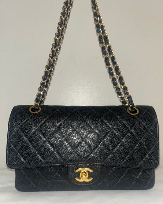 CHANEL Classic Medium Double Flap Quilted Caviar Leather Handbag Black/24K Gold