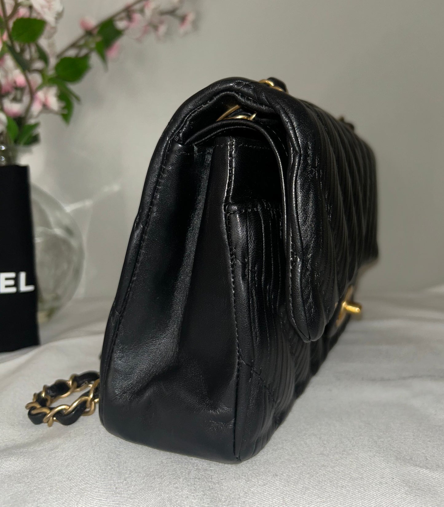 CHANEL Medium Classic Double Flap Pleated Calfskin Handbag Black / Gold