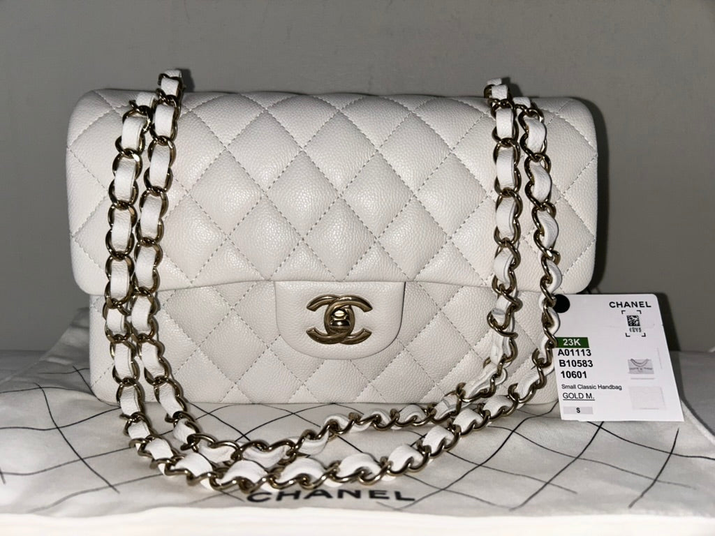 CHANEL 23K Small Classic Double Flap Caviar Handbag White