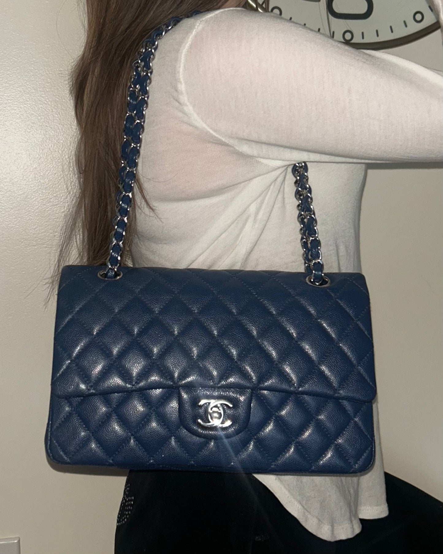 CHANEL Medium Classic Double Flap Caviar Quilted Handbag Dark Navy