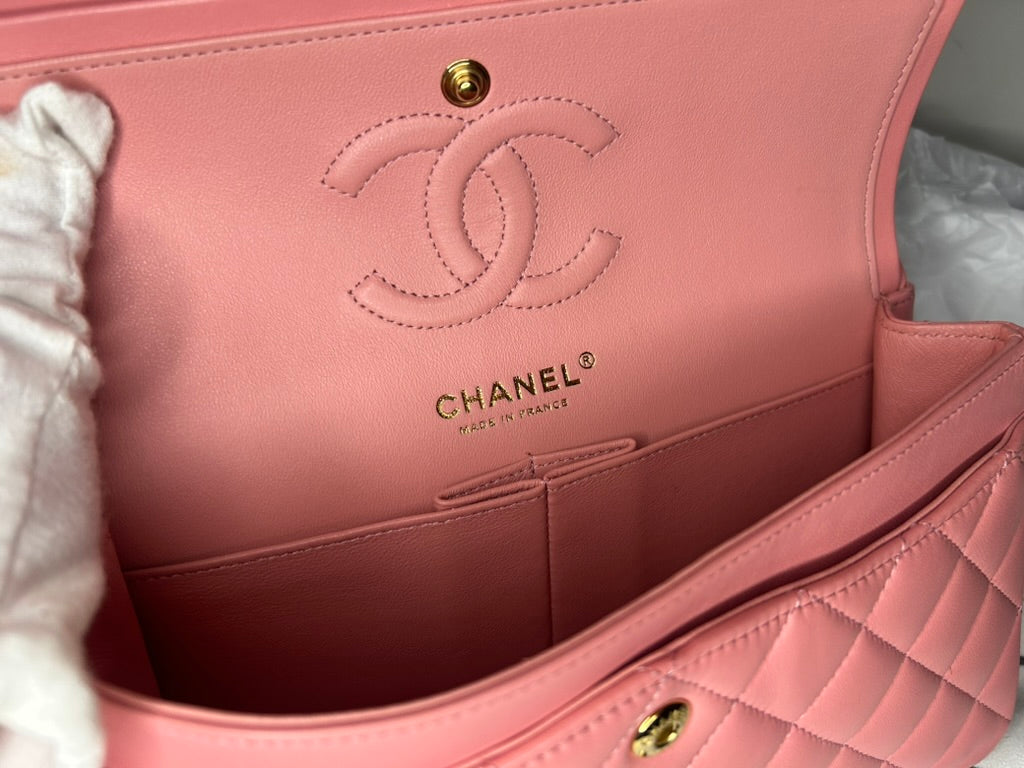 CHANEL Classic Small Double Flap Bag Quilted Lambskin Light Pink / Gold