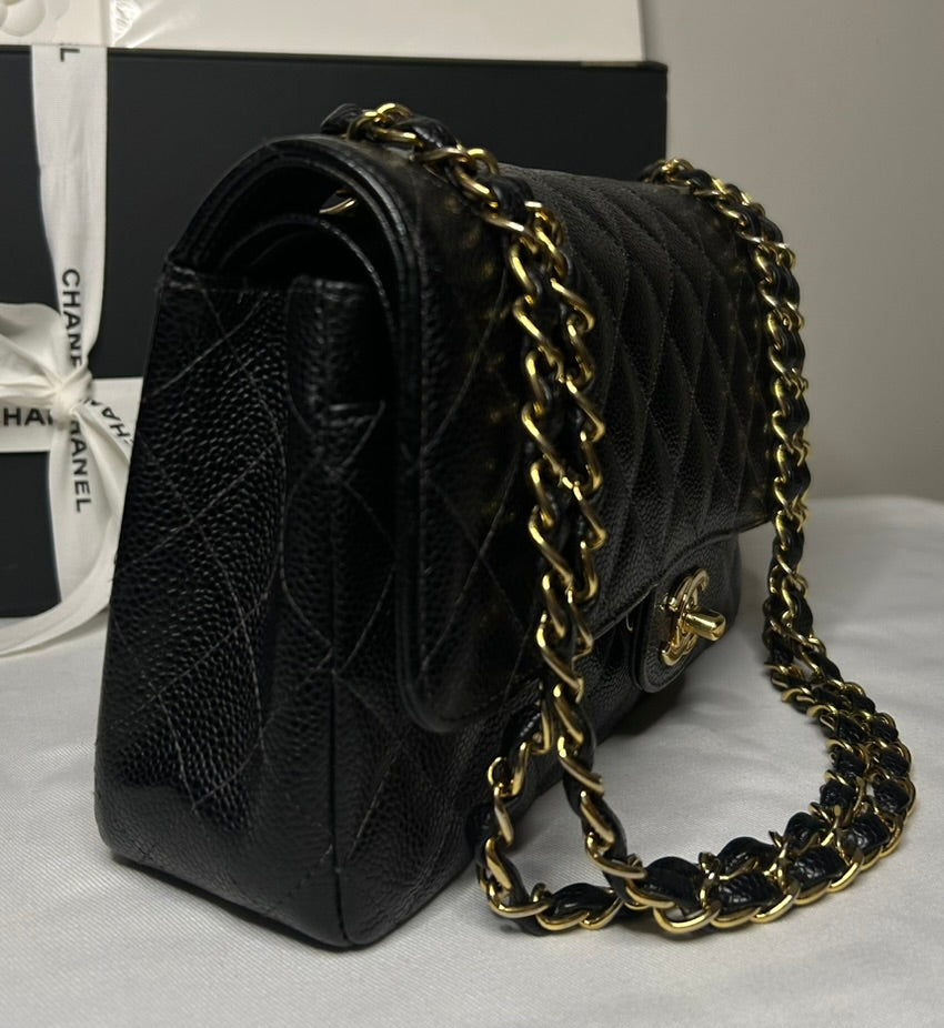 CHANEL Medium Classic Double Flap Caviar Quilted Handbag Black / 24k Gold