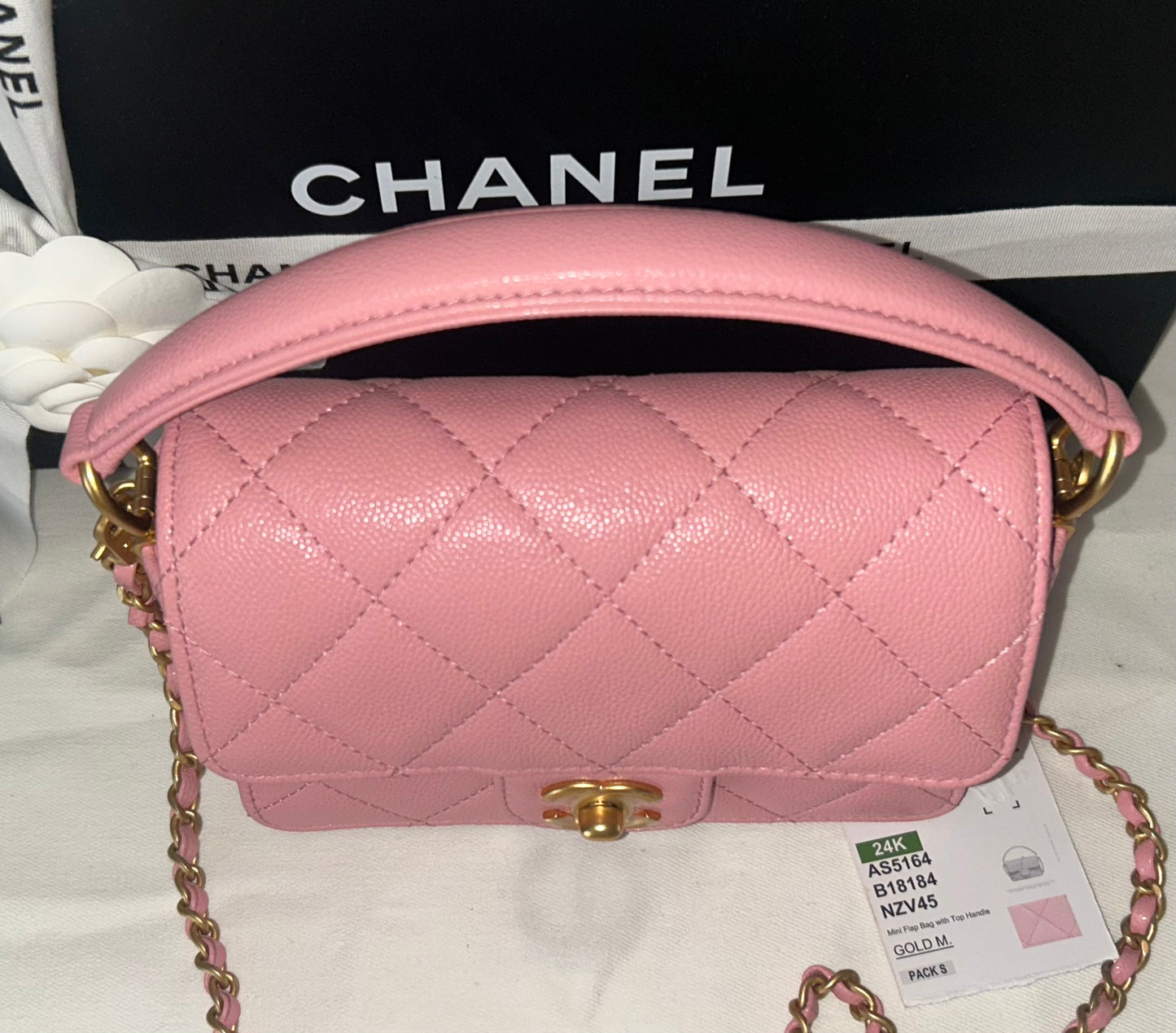 NEW! CHANEL 24K Mini Top Handle Flap Bag Quilted Caviar Light Pink / Gold HW