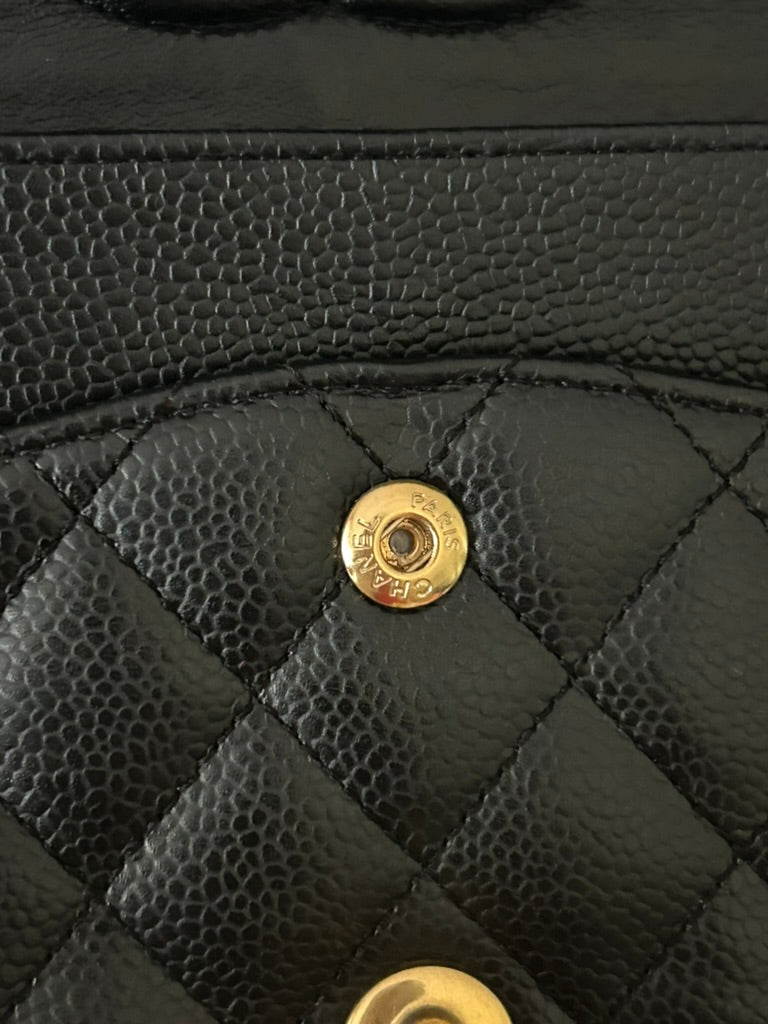 CHANEL Classic Medium Double Flap Quilted Caviar Leather Handbag Black/Gold