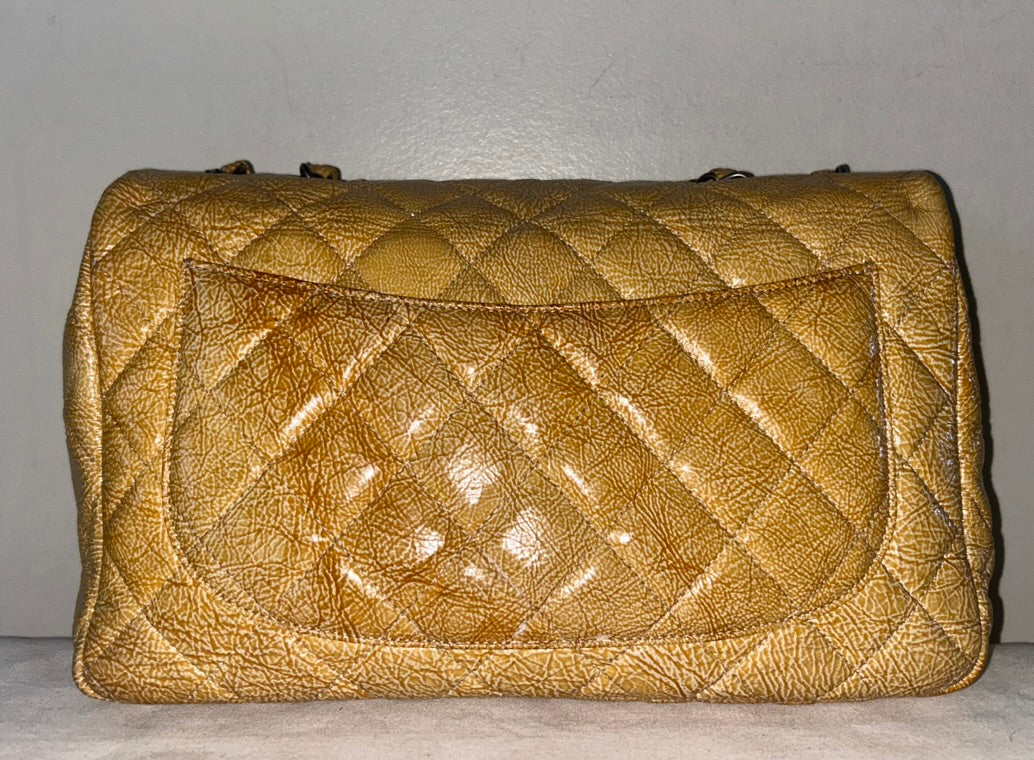 CHANEL Classic Jumbo Quilted Crinkled Patent Leather Handbag Golden Yellow