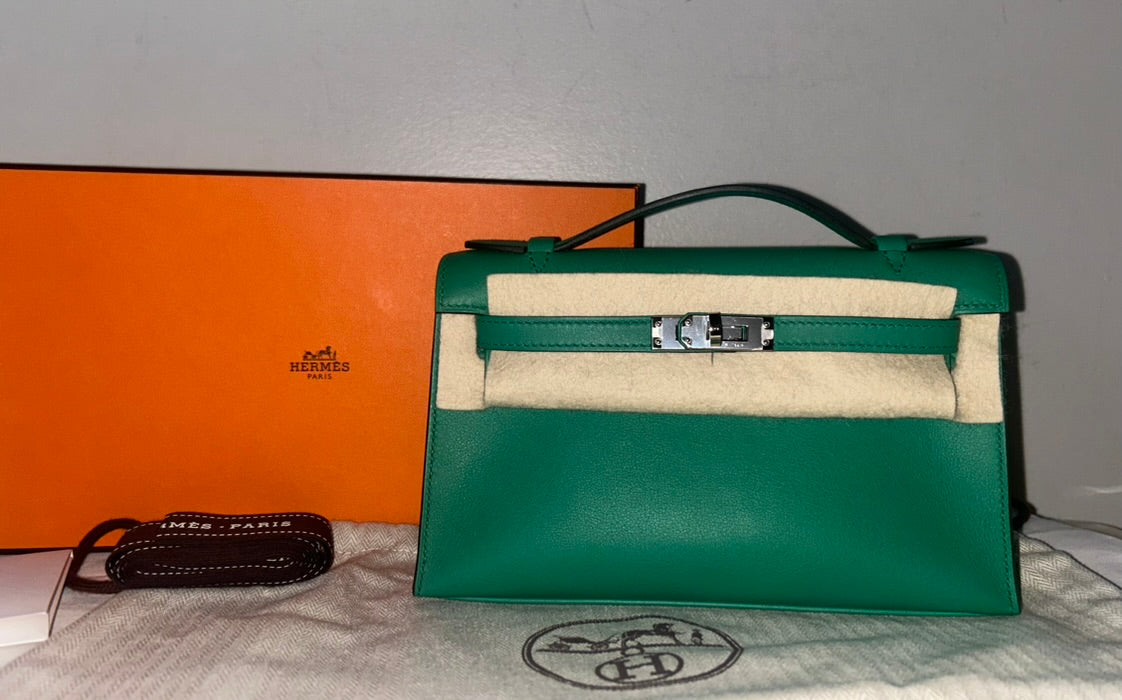 HERMES Kelly Pochette Vert Vertigo Swift Palladium Hardware