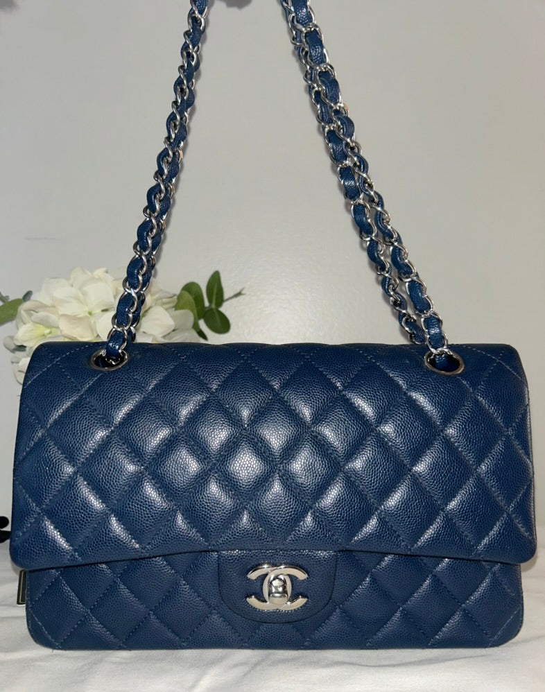 CHANEL Medium Classic Double Flap Caviar Quilted Handbag Dark Navy