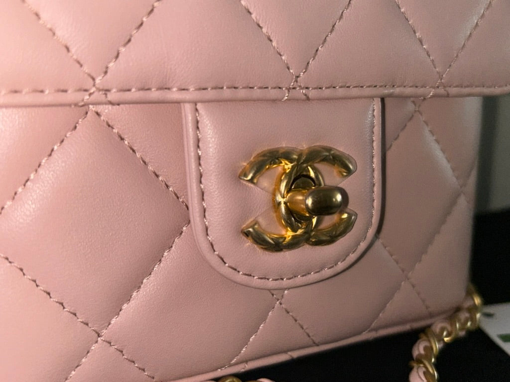 CHANEL 23S Mini Square Top Handle Flap Lambskin Leather Light Pink/Gold