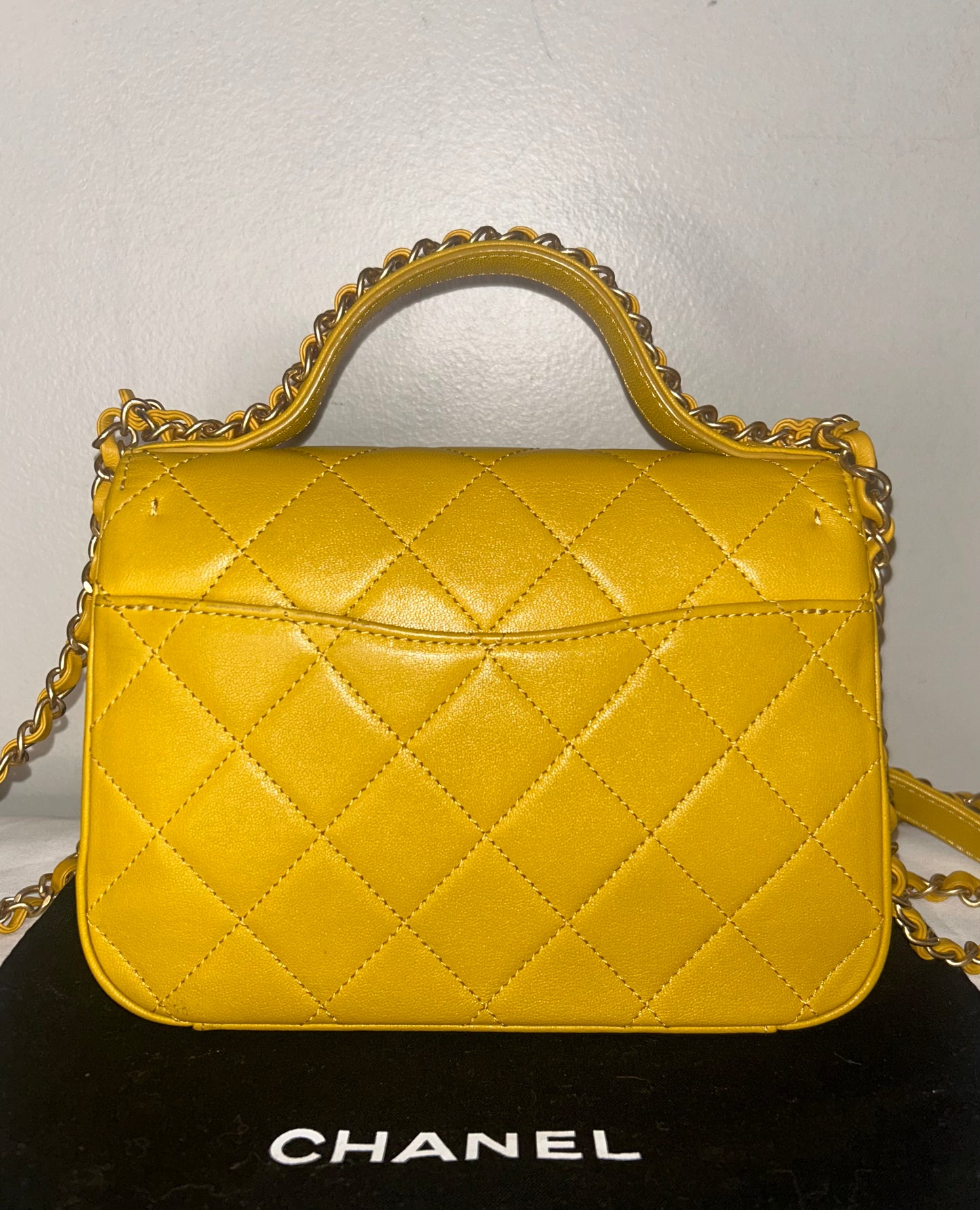 CHANEL 19 Small Chain Infinity Top Handle Bag Quilted Lambskin Leather Yellow