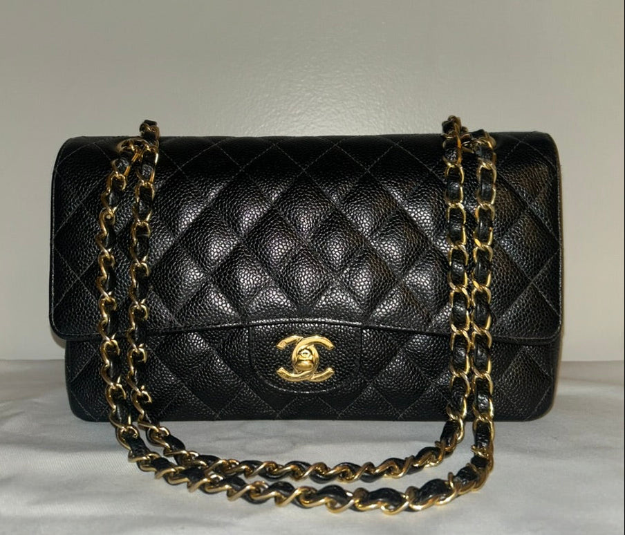 CHANEL Medium Classic Double Flap Caviar Quilted Handbag Black / 24k Gold