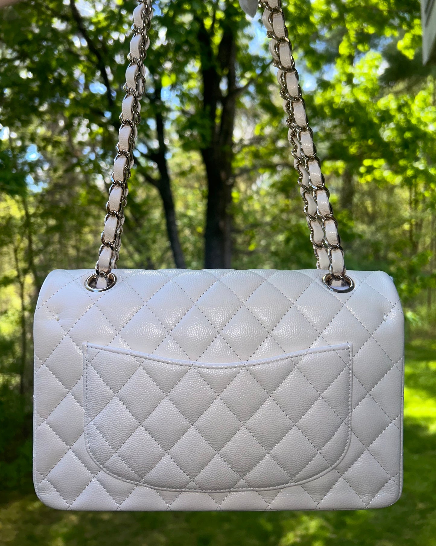 CHANEL Small Classic Double Flap Caviar Handbag White / Light Gold