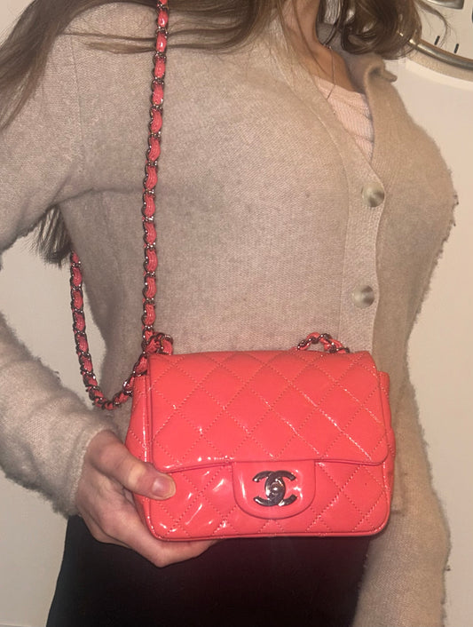 CHANEL Classic Mini Square Flap Bag Quilted Patent Leather Pink