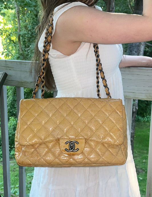 CHANEL Classic Jumbo Quilted Crinkled Patent Leather Handbag Golden Yellow