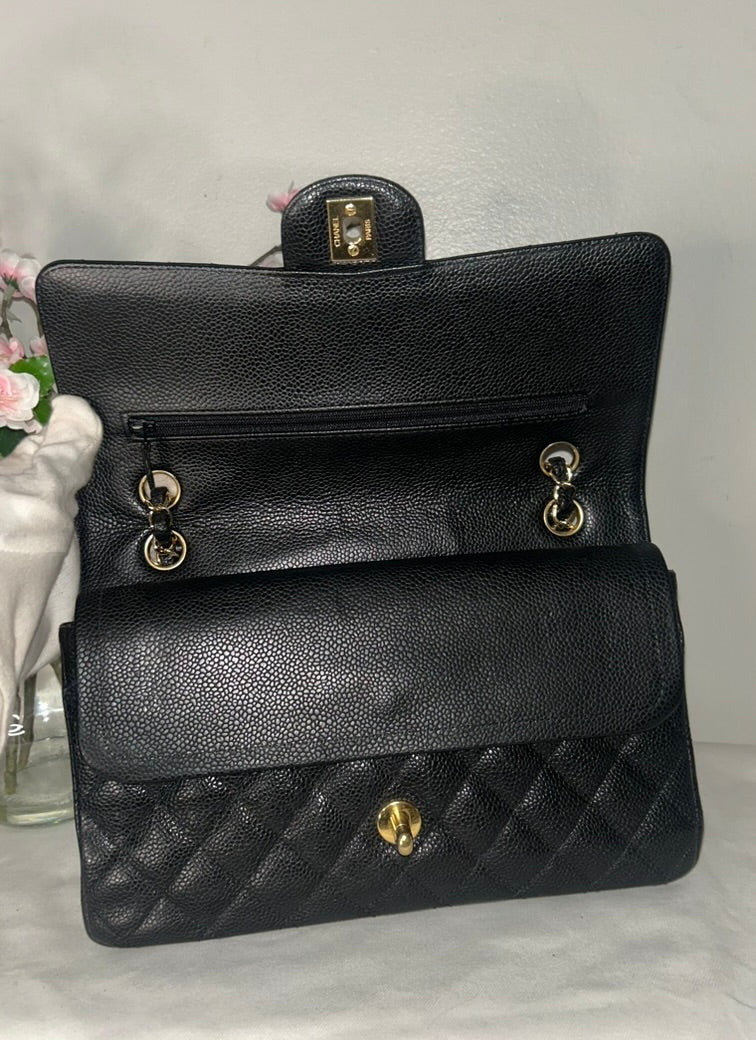 CHANEL Medium Classic Double Flap Caviar Quilted Handbag Black / Gold