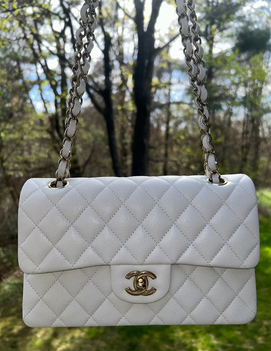 CHANEL 23K Small Classic Double Flap Caviar Handbag White