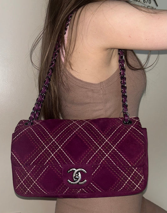 CHANEL Classic Quilted Suede Leather Medium Shoulder Bag Dark Purple