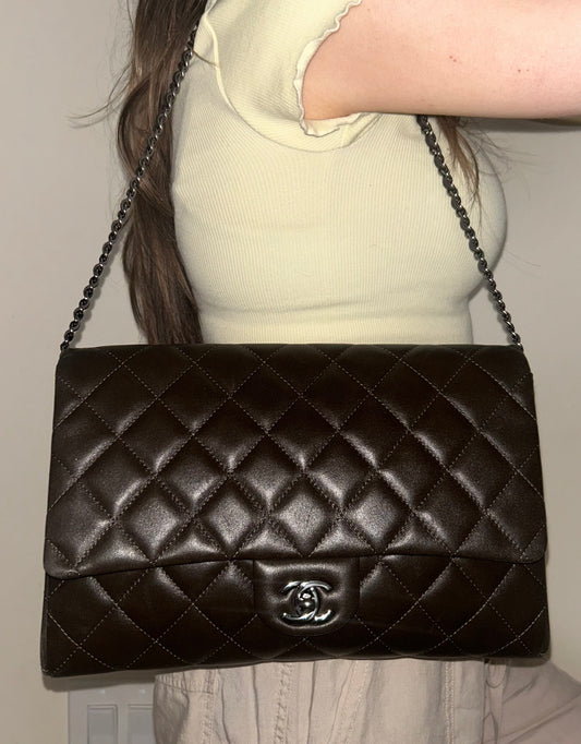 CHANEL Classic CC Quilted Flap Shoulder Bag Lambskin Leather Dark Brown