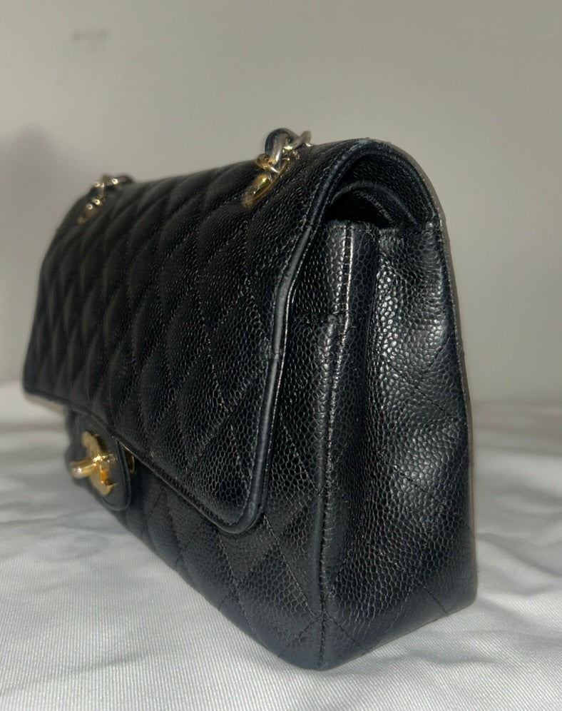 CHANEL Medium Classic Double Flap Caviar Quilted Handbag Black / Gold