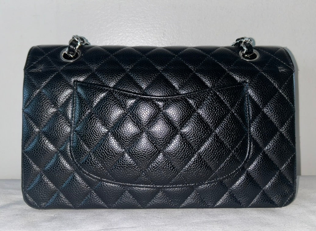 CHANEL Classic Medium Double Flap Quilted Caviar Handbag Black