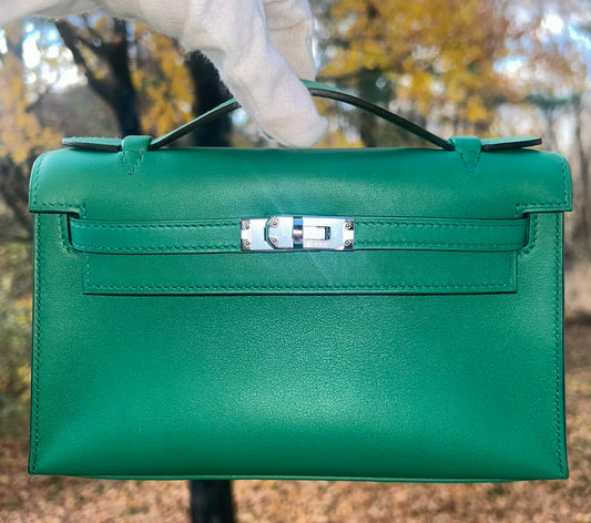 HERMES Kelly Pochette Vert Vertigo Swift Palladium Hardware