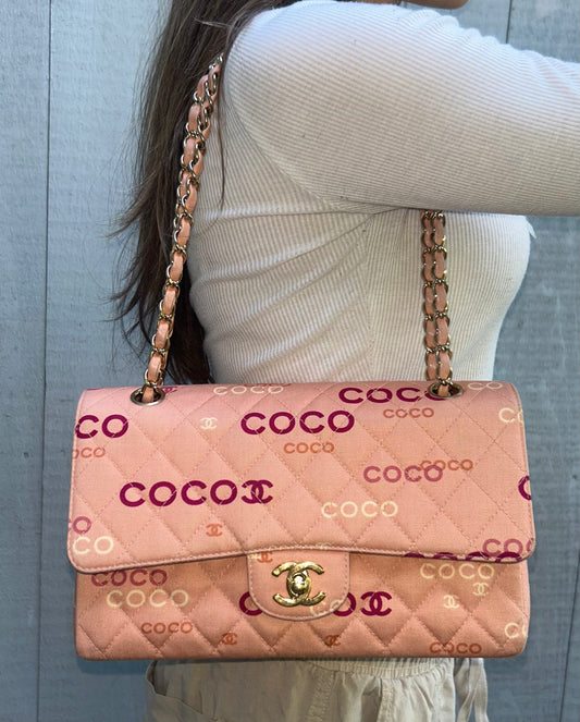 CHANEL Coco Logo Medium Classic Double Flap Bag Quilted Canvas Pink 24k GHW