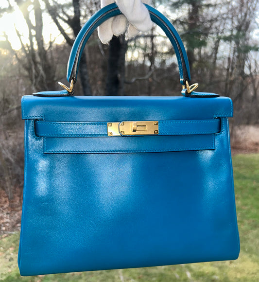 HERMES Kelly 28 Bleu Izmir Box Calf Leather Gold Hardware