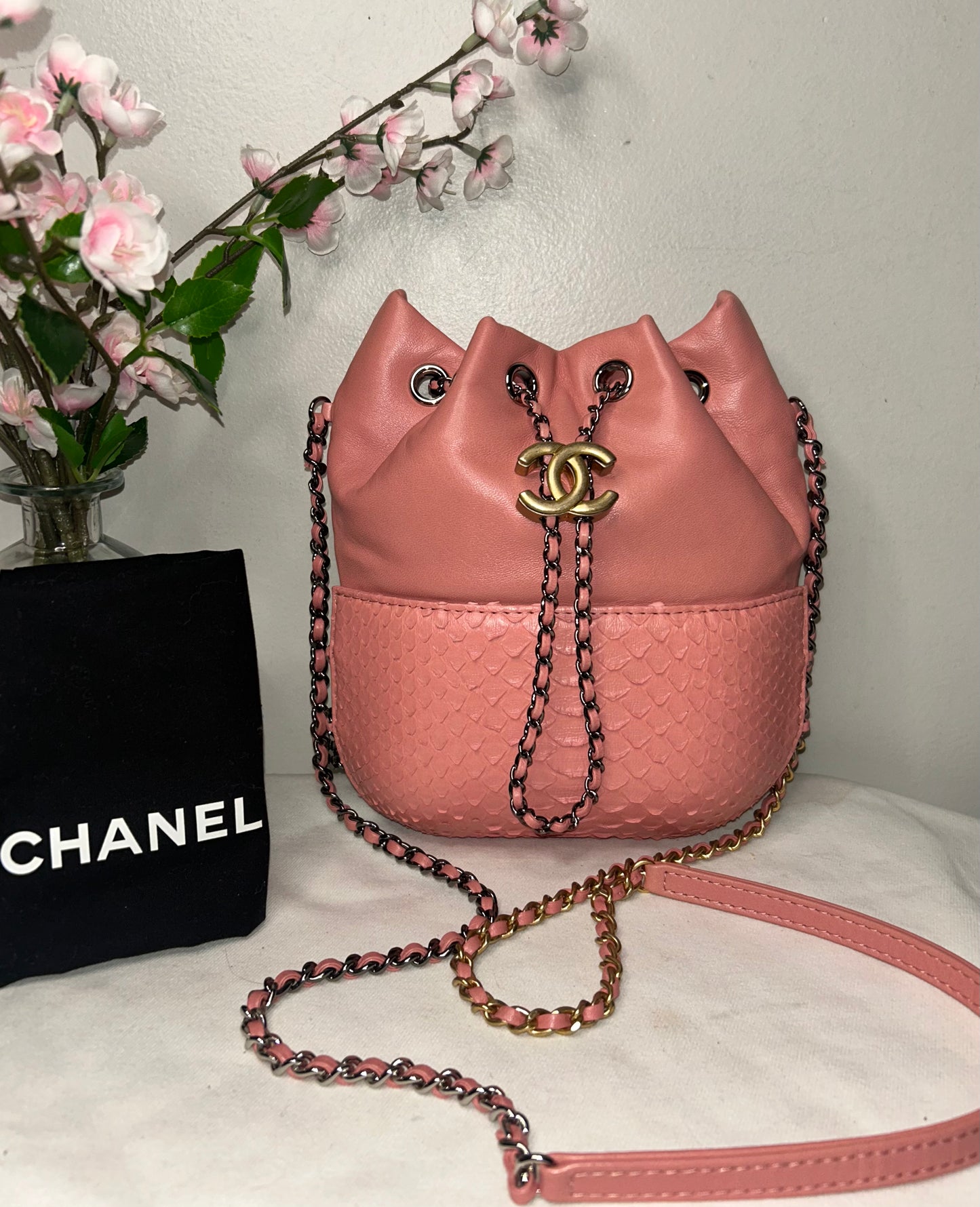 CHANEL Gabrielle Python Snakeskin Small Crossbody Bag in Rose Pink